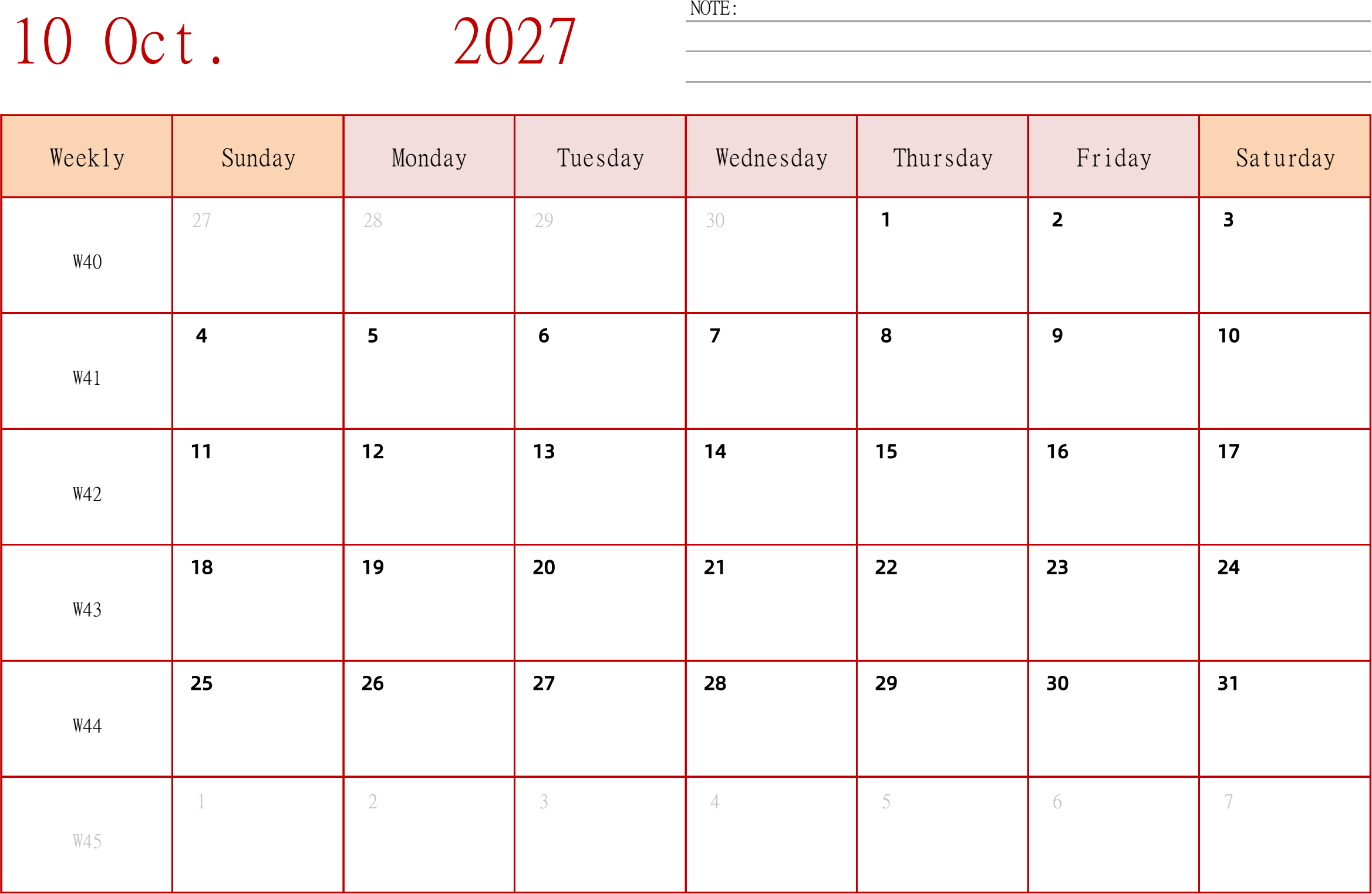 日历表2027年日历 英文版 横向排版 周日开始 带周数